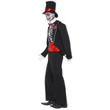 Day of the dead mens costume with rib cage print mock shirt, jacket with rose and tall top hat