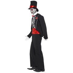 Day of the Dead men’s costume with jacket, mock shirt, gloves, and hat