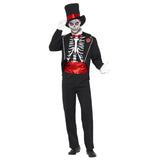 Day of the Dead men’s costume with jacket, mock shirt, gloves, and hat