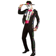 Day of the Dead men’s Halloween costume with hat, jacket, pants, belt, and dickey – Mexican festival outfit.