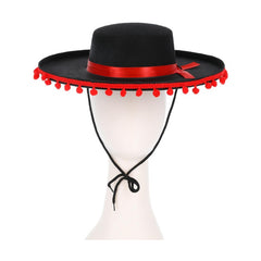 Black Day of the Dead señor hat with red pom-pom trim for Mexican and Halloween costumes