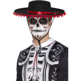 Black Day of the Dead señor hat with red pom-pom trim for Mexican and Halloween costumes