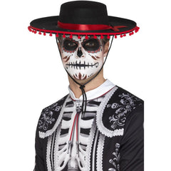 Black Day of the Dead señor hat with red pom-pom trim for Mexican and Halloween costumes