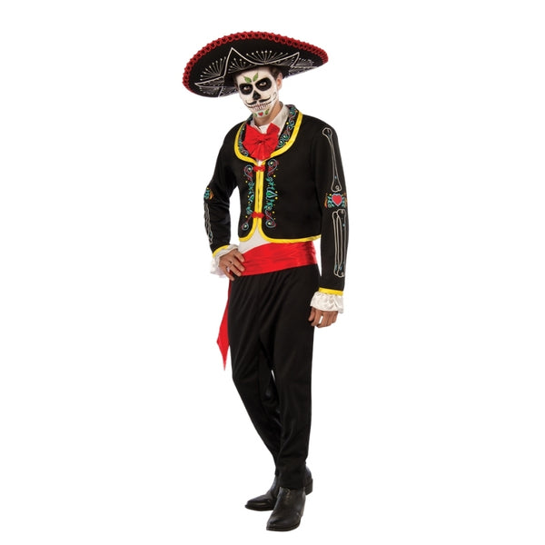 Day of the Dead Senor Muerto Adult Costume with skeleton jacket red trim and sombrero