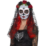 Day of the Dead full-face señorita mask in red and black with roses and lace veil