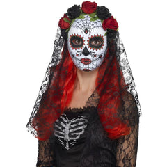 Day of the Dead full-face señorita mask in red and black with roses and lace veil