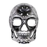 Full-face silver sugar skull mask with black Day of the Dead detailing and ribbon ties – adult costume accessory