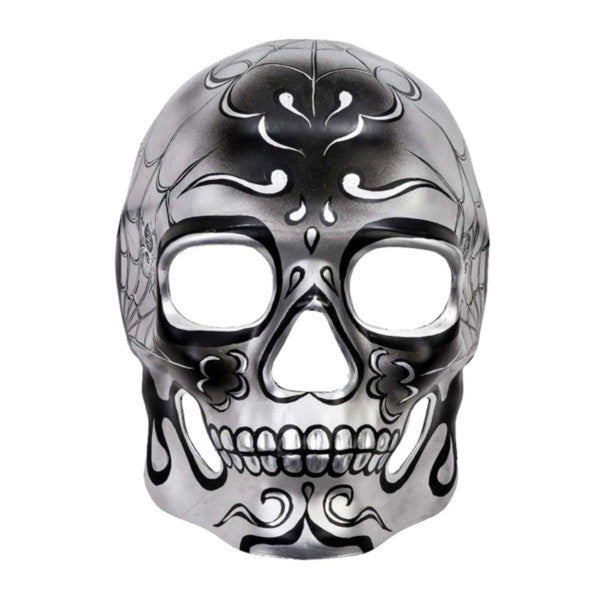 Full-face silver sugar skull mask with black Day of the Dead detailing and ribbon ties – adult costume accessory