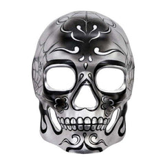 Full-face silver sugar skull mask with black Day of the Dead detailing and ribbon ties – adult costume accessory