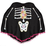 Black Day of the Dead skeleton poncho with colourful floral print and pink pom-pom trim
