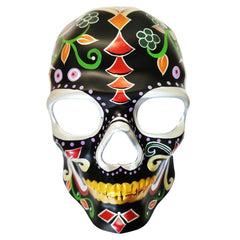 Black half-face Day of the Dead skull mask with white sugar skull pattern, adult size