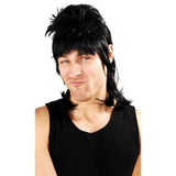 Black 80s mullet wig featuring short front and long back.