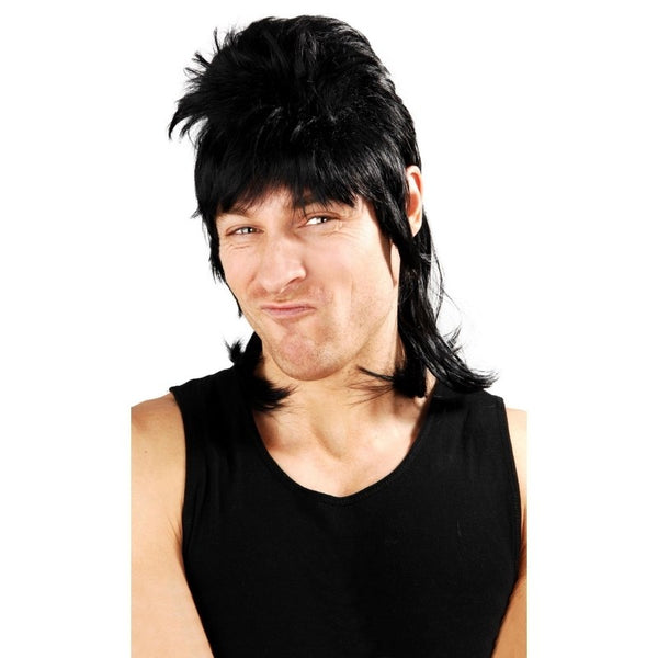 Black 80s mullet wig featuring short front and long back.