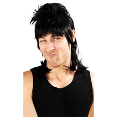 Black 80s mullet wig featuring short front and long back.