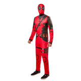 Adult Deadpool costume with red and black jumpsuit and printed mask