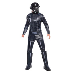 Death Trooper adult costume from Rogue One – black printed jumpsuit and molded helmet