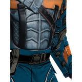 Deathstroke deluxe costume with padded jumpsuit, printed belt, and half-face mask – adult DC Comics outfit, close up of top