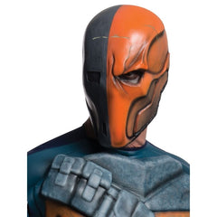 Deathstroke deluxe costume with padded jumpsuit, printed belt, and half-face mask – adult DC Comics outfit front view