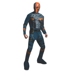 Deathstroke deluxe costume with padded jumpsuit, printed belt, and half-face mask – adult DC Comics outfit front view