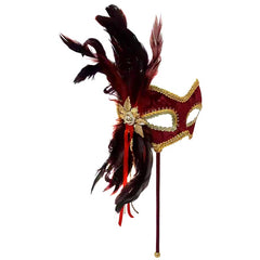 Deep red masquerade mask with gold braid trim, feathers, ribbons and handheld stick for masquerade balls and costume parties