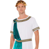 close up of roman emperor toga costume showing braid, buckle and headdress