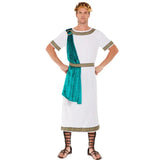 Deluxe roman empire emperor toga costume with braid trim, attached green drape, laurel and belt.