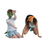 Two children wearing animal masks on a white background
