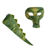 Green dinosaur mask and tail on a white background