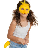 Child wearing a yellow duck mask and tail on a white background