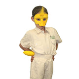 Child wearing a yellow duck mask and tail on a white background