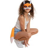 Person wearing a fox mask and tail on a white background