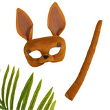 Brown kangaroo mask with large ears and a long brown tail on a white background.