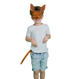 Child wearing a kangaroo mask and tail on a white background