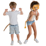 Two children wearing lion and leopard masks and tails.