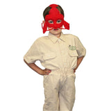 Red lobster mask with claws worn by a child