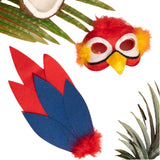 Parrot-themed mask and feather headpiece with tropical leaves on a white background