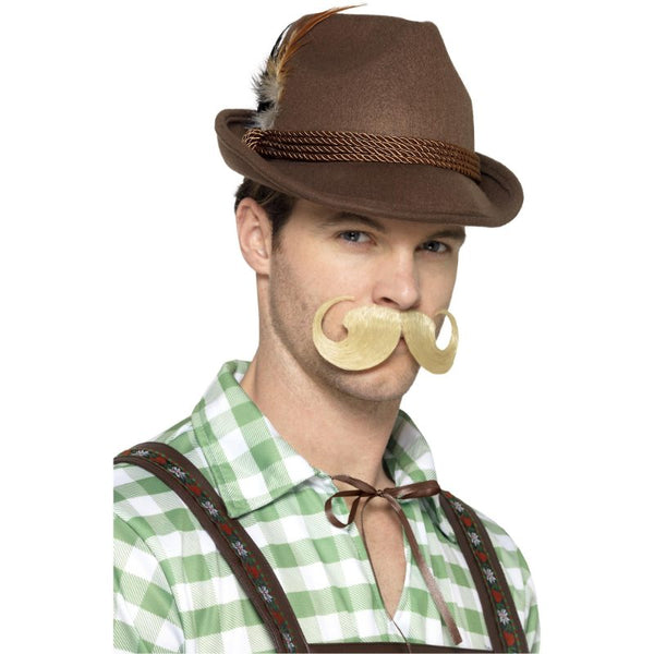 Brown Bavarian Trenker hat with brown cord trim and small feather for Oktoberfest costume accessory