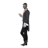 Deluxe Big Bad Wolf grey costume, stripe jacket, check attached vest, mock shirt, fur trim, fingerless fur gloves and half mask.