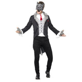 Deluxe Big Bad Wolf grey costume, stripe jacket, check attached vest, mock shirt, fur trim, fingerless fur gloves and half mask.