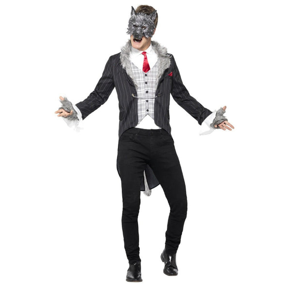 Deluxe Big Bad Wolf grey costume, stripe jacket, check attached vest, mock shirt, fur trim, fingerless fur gloves and half mask.