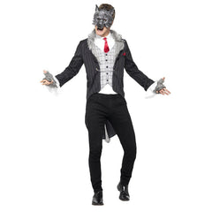 Deluxe Big Bad Wolf grey costume, stripe jacket, check attached vest, mock shirt, fur trim, fingerless fur gloves and half mask.