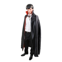 Adult deluxe black cape with red satin lining and stand-up collar – ideal for vampires, villains, and gothic Halloween costumes