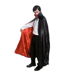 Adult deluxe black cape with red satin lining and stand-up collar – ideal for vampires, villains, and gothic Halloween costumes