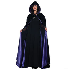 Black and purple velvet cape hire Brisbane front view with long flowing train and contrast lining