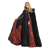Black velvet cape with red lining hire Brisbane full length medieval cloak front view