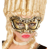 Antique bronze Venetian Colombina mask with decorative baroque design and jewel accents