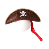 Deluxe Brown Pirate Hat with skull and crossbones emblem and red fabric band – tricorn style fancy dress accessory