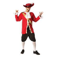 Deluxe Captain Hook Adult Costume – front view featuring a red pirate jacket with ruffled shirt front, frilly cuffs, gold sash detail, and black pantaloons for a classic villainous look.