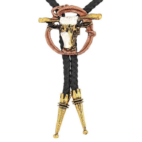 Western cowboy string tie with sheriff and longhorn style pendant designs