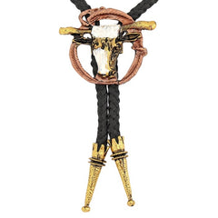 Western cowboy string tie with sheriff and longhorn style pendant designs
